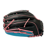 Black baseball glove with pink and blue accents on a white background