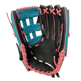 Baseball glove with black, pink, and blue design on a white background