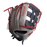 Baseball glove with red and gray design on a white background