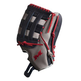 Baseball glove with red and black accents on a white background