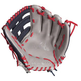Baseball glove with red and gray design on a white background