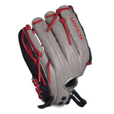 Baseball glove with red laces and 'Miken' branding on a white background