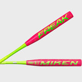 Two neon pink and green baseball bats with 'Freak' and 'Miken' branding on a light gray background.