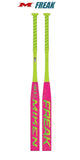 Two pink and green baseball bats with 'Miken' branding on a white background