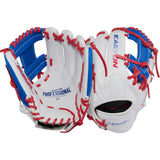 A pair of Easton Fasten Professional baseball gloves in white, blue, and red, shown against a solid white background.