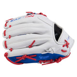 White baseball glove with red and blue accents on a white background