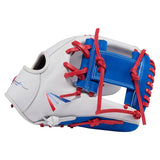 Baseball glove with red and blue laces on a white background