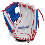 A baseball glove from the Easton Professional Collection, featuring a white leather palm, blue leather back, and red laces, shown on a plain white background.