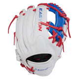 Baseball glove with red and blue accents on a white background