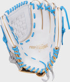 White baseball glove with blue laces and gold accents on a white background