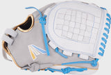 Gray baseball glove with blue accents on a light gray background