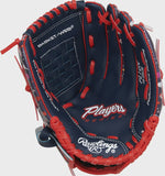 Baseball glove with red and navy accents on a white background