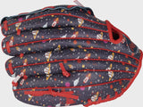 Baseball glove with space-themed pattern on a white background