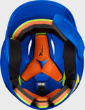 Close-up of a blue and orange helmet interior on a white background