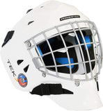 White Powertek hockey goalie mask with a silver wire cage face guard, black chin strap, and blue interior padding.