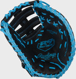 Black and blue Rawlings baseball glove on a white background