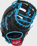 Black baseball glove with blue laces on a white background, featuring the Rawlings logo.