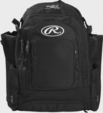 A black Rawlings backpack with multiple zippered compartments and side pockets, shown against a light gray background.