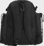 Black backpack shown from the back, featuring padded shoulder straps, mesh back panels, a top carry hook, and side drawstring pockets on a light gray background.