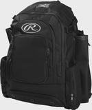 A black Rawlings backpack with multiple zippered compartments, side pockets, and a white Rawlings logo on the front pocket, shown against a light gray background.