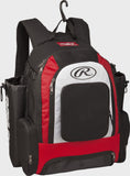 A black, red, and white Rawlings backpack with multiple zippered compartments, side pockets, and a top hanging hook, shown against a light gray background.