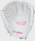 White baseball glove with pink text on a white background