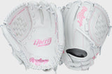 White baseball glove with pink text on a white background