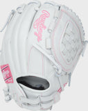 White baseball glove with pink stitching on a white background