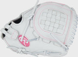 White baseball glove with pink accents on a white background
