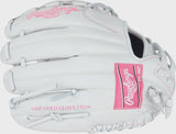 White baseball glove with pink Rawlings logo on a white background