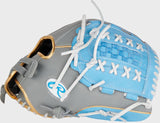 Baseball glove with gray and blue pattern on a white background