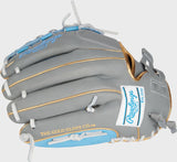Gray baseball glove with gold accents and Rawlings logo on a white background