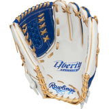 Rawlings Liberty Advanced baseball glove in white, blue, and gold, shown from the back of the hand on a white background.