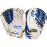 A pair of Rawlings fastball gloves shown from both the inside and outside views, featuring white leather, royal blue panels, and gold lacing and trim on a plain white background.