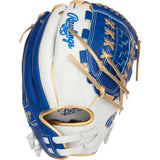 A Rawlings baseball glove in royal blue, white, and gold, shown from a three-quarters perspective on a solid white background.