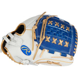 A Rawlings baseball glove in white and blue leather with gold laces and trim, featuring a blue wrist strap with a gold Rawlings logo, shown on a white background.