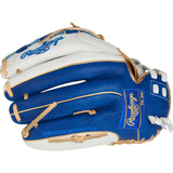 Rawlings baseball glove in blue and white leather with tan laces, shown on a plain white background.