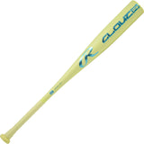 Yellow baseball bat with blue lettering on a white background