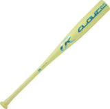 Yellow baseball bat with blue lettering on a white background