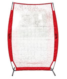 A red and black baseball practice batting cage net set up on an outdoor baseball field with trees in the background.