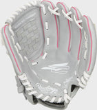 Gray and pink baseball glove with Rawlings logo on a white background
