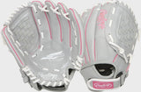 Gray and pink Rawlings baseball glove on a white background