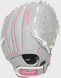 Gray baseball glove with pink stitching and Rawlings logo on a white background