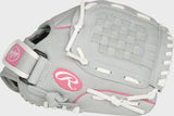 Gray baseball glove with pink accents and Rawlings logo on a white background