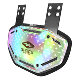 A Shock Doctor motorcycle helmet shell protector featuring an iridescent holographic finish with a white monogram pattern, black mounting brackets, and a black outer frame.