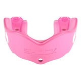 A mouthguard with a pink lower section and a bright pink upper section, featuring the brand name 'SHOCK' embossed on the front, set against a plain white background.