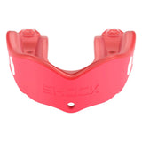 A mouthguard with a red lower section and a bright red upper section, featuring the brand name 'SHOCK' embossed on the front, set against a plain white background.