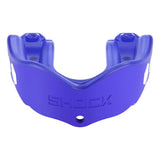 A mouthguard with a blue lower section and a bright blue upper section, featuring the brand name 'SHOCK' embossed on the front, set against a plain white background.