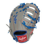 A gray Rawlings baseball glove with blue laces and red stitching, shown on a plain white background.