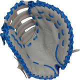 Baseball glove with blue stitching on a white background